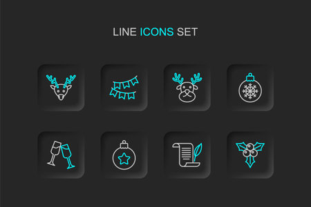 Set line Branch viburnum Envelope Christmas ball Glass of champagne Reindeer Carnival garland with flags and icon. Vector.のイラスト素材