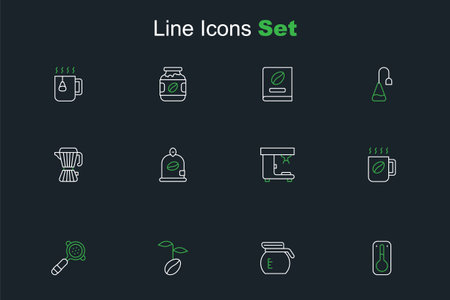 Set line Coffee thermometer pot beans filter holder cup machine Bag coffee and maker moca icon. Vector.のイラスト素材