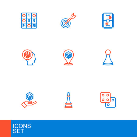 Set line Game dice Chess Chip for board game Air hockey table and Classic dart and arrow icon. Vector.のイラスト素材