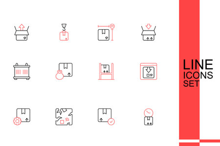 Set line Cardboard box with clock Carton cardboard Broken Gear package Online app delivery tracking Warehouse interior boxes and Container icon. Vector.のイラスト素材