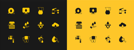 Set Water tap jug with filter cartridge Test tube water drop Washing hands soap Jug glass speech bubbles and location icon. Vector.のイラスト素材