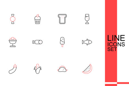 Set line Watermelon Taco with tortilla Corn Eggplant Fish Ice cream Salami sausage and in the bowl icon. Vector.のイラスト素材