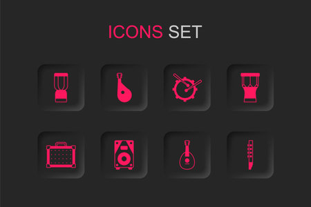 Set Stereo speaker Bandura African djembe drum Mandolin percussion Flute Drum with sticks and Guitar amplifier icon. Vector.のイラスト素材