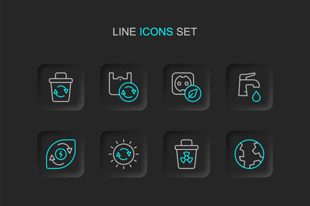Set line Earth globe Infectious waste Solar energy panel Water tap Electrical outlet Shopping bag with recycle and Recycle bin icon. Vector.のイラスト素材