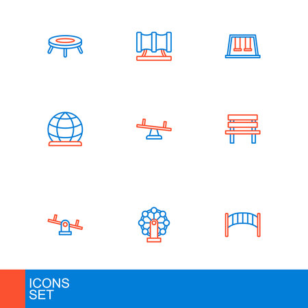 Set line Playground kids bridge Swing for Seesaw Bench climbing equipment Swings and Kid playground slide pipe icon. Vector.のイラスト素材