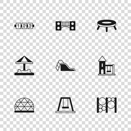 Set Swing for kids Playground climbing equipment Slide playground Jumping trampoline Education logic game bridge and Sandbox with sand icon. Vector.のイラスト素材