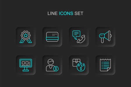 Set line Wish list template Hot price Buyer Online shopping on screen Megaphone Telephone 24 hours support Credit card and Stars rating icon. Vector.のイラスト素材