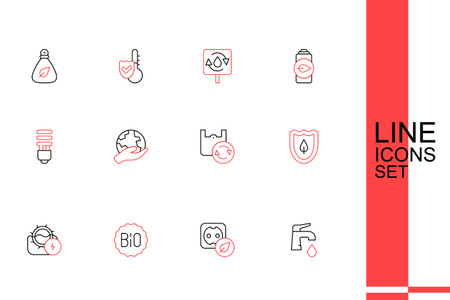 Set line Water tap Electrical outlet Banner for bio mill Shield with leaf Shopping bag recycle Hand holding Earth globe and LED light bulb icon. Vector.のイラスト素材