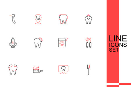 Set line Toothbrush Dental clinic location with toothpaste Broken mirror and probe floss and Syringe icon. Vector.のイラスト素材
