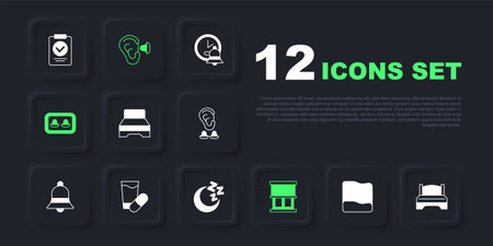 Set Pillow Big bed Window with curtains Earplugs storage box Sleeping pill and ear and Moon stars icon. Vector.のイラスト素材