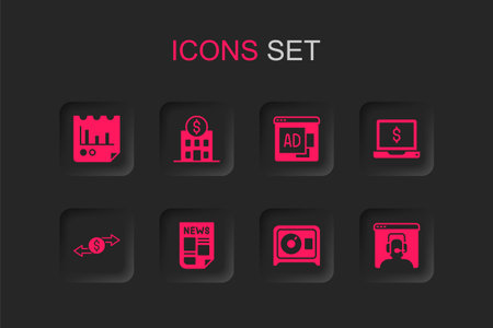 Set News Bank building Document with graph chart Safe Laptop dollar Telephone 24 hours support Advertising and Money exchange icon. Vector.のイラスト素材
