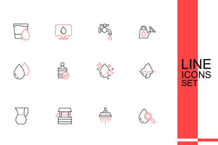 Set line Drop and magnifying glass Shower Well Jug with water Iceberg Water drop Big bottle clean and icon. Vector.のイラスト素材