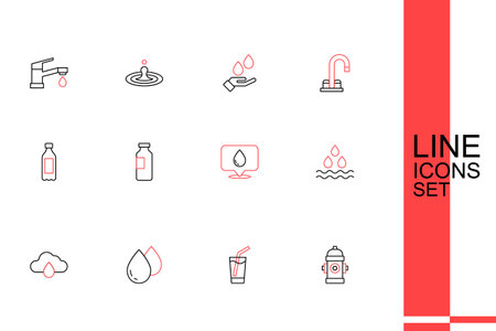 Set line Fire hydrant Glass with water Water drop Cloud rain location Bottle of and icon. Vector.のイラスト素材