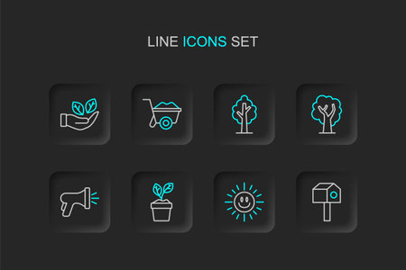 Set line Bird house Sun Plant in pot Garden hose Tree Wheelbarrow and Leaf hand icon. Vector.のイラスト素材