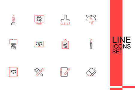 Set line Eraser or rubber Notebook Paint brush Computer with design program Picture and Wood easel icon. Vector.のイラスト素材