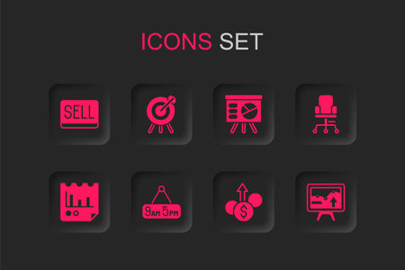 Set From 9 to 5 job Target financial goal Sell button Financial growth dollar Office chair Monitor with graph chart Board and Document icon. Vector.のイラスト素材