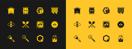 Set Honeycomb Cutter roll for honey Stop bee dipper stick Sale of honeycomb Hive bees and Wooden barrel with icon. Vector.のイラスト素材