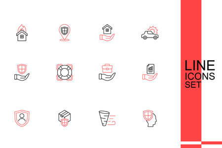 Set line Life insurance with shield Tornado Delivery security Contract hand Hand holding briefcase Lifebuoy and Shield icon. Vector.のイラスト素材