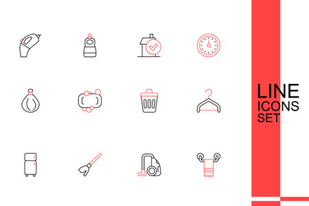 Set line Towel on hanger Vacuum cleaner Handle broom Refrigerator Hanger wardrobe Trash can Bar of soap and Garbage bag icon. Vector.のイラスト素材
