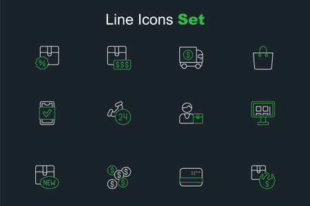 Set line Hot price Credit card Dollar symbol New collection Online shopping screen Buyer Telephone 24 hours support and Mobile icon. Vector.のイラスト素材