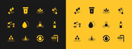 Set Test tube with water drop Water Chemical formula H2O Recycle clean aqua Washing hands soap and filter cartridge icon. Vector.のイラスト素材