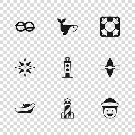 Set Lighthouse Kayak and paddle Sailor Lifebuoy Nautical rope knots Whale and Wind rose icon. Vector.のイラスト素材