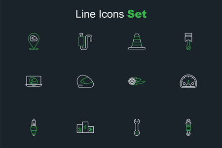 Set line Shock absorber Wrench spanner Award over sports winner podium Car spark plug Speedometer Wheel fire flame Racing helmet and icon. Vector.のイラスト素材