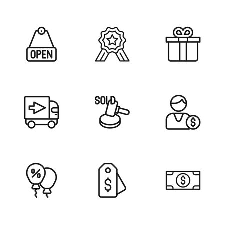 Set line Price tag with dollar Buyer Stacks paper money cash Auction hammer Gift box Hanging sign text Open Stars rating and Delivery cargo truck icon. Vector.のイラスト素材