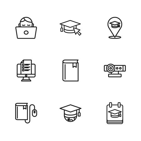 Set line Graduation cap on globe Web camera Online education Book Student working laptop with cursor and quiz test survey icon. Vector.のイラスト素材
