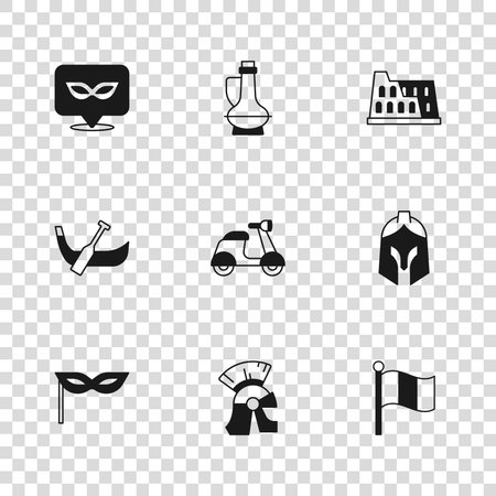 Set Roman army helmet Flag Italy Scooter Coliseum Carnival mask Bottle of olive oil and Gondola boat icon. Vector.のイラスト素材