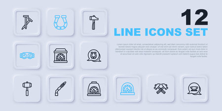 Set line Crossed hammer Blacksmith anvil tool oven Welding glasses torch Horseshoe and icon. Vector.のイラスト素材