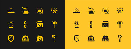 Set Crossed hammer Blacksmith oven Chain link anvil tool Gold bars and Anvil and icon. Vector.のイラスト素材