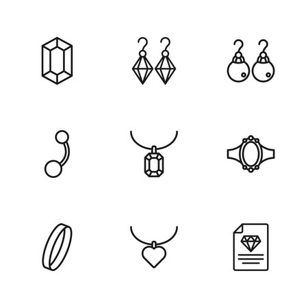 Set line Necklace with heart shaped Diamond engagement ring Certificate of the diamond Pendant necklace Earrings Gem stone and Piercing icon. Vector.のイラスト素材