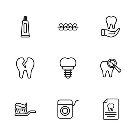 Set line Dental floss Broken tooth Clipboard with dental card implant Tooth Tube of toothpaste Teeth braces and icon. Vector.のイラスト素材