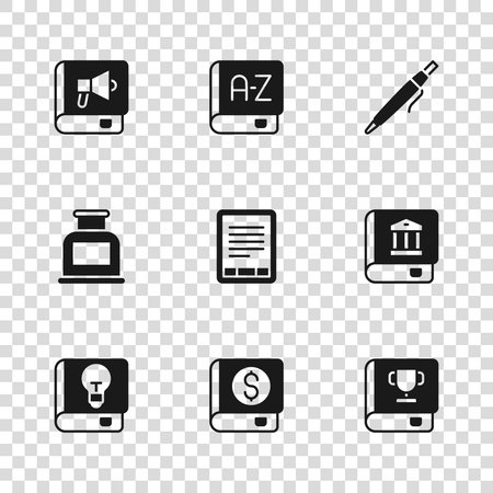 Set Financial book Law Book E-Book reader Pen Translator and Inkwell icon. Vector.のイラスト素材