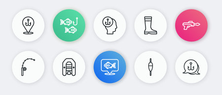 Set line Location fishing Fishing harpoon rod float boots Fisherman hook and Inflatable boat with motor icon. Vector.のイラスト素材