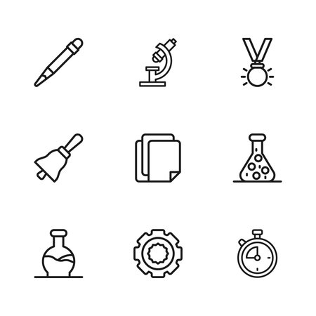 Set line Gear Test tube Stopwatch File document Medal Pencil with eraser Microscope and Ringing bell icon. Vector.のイラスト素材