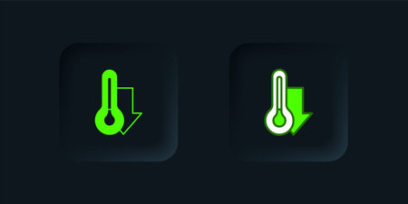 Green Meteorology thermometer measuring icon isolated on black background. Thermometer equipment...
