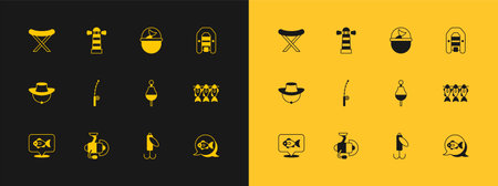 Set Inflatable boat with motor Spinning reel for fishing Fishing float lure rod bucket Camping folding chair and Lighthouse icon. Vector.のイラスト素材