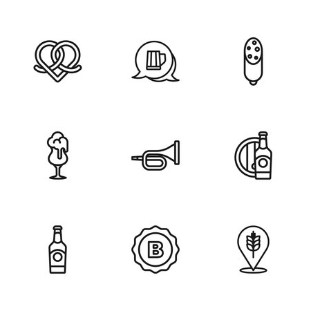 Set line Bottle cap Beer bottle and wooden barrel Wheat Trumpet Salami sausage Pretzel Wooden beer mug and Glass of icon. Vector.のイラスト素材