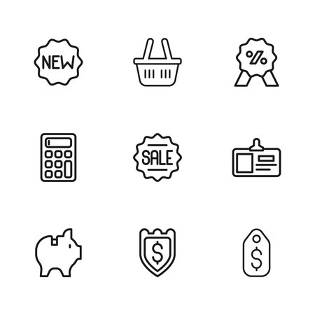 Set line Shield with dollar Identification badge Price tag Sale Discount percent New Shopping basket and Calculator icon. Vector.のイラスト素材
