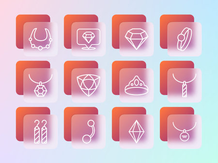 Set line Diamond engagement ring Piercing King crown Gem stone Necklace and icon. Vector.のイラスト素材