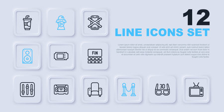 Set line 3D cinema glasses Retro tv Cinema ticket Rope barrier Stereo speaker VHS video cassette tape Science fiction and chair icon. Vector.のイラスト素材