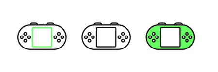 Set line Portable video game console icon isolated on white background. Handheld console gaming....