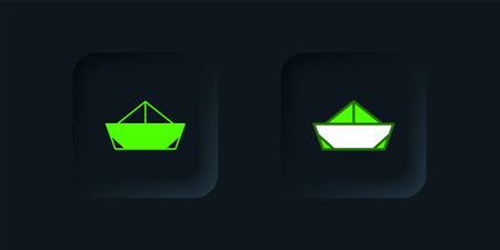 Green Folded paper boat icon isolated on black background. Origami paper ship. Black square button. Vector.のイラスト素材
