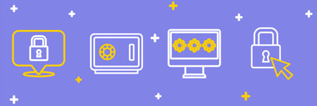 Set line Lock Monitor with password Safe and icon. Vector.