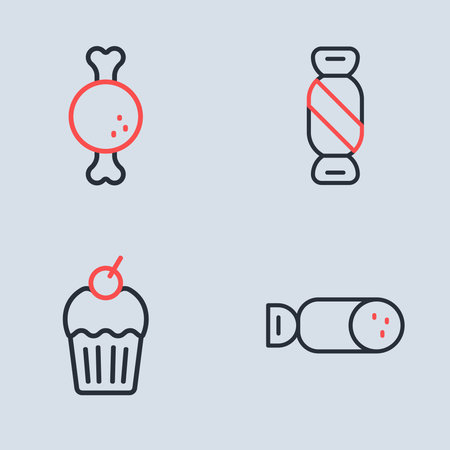 Set line Candy Muffin Salami sausage and Chicken leg icon. Vector.のイラスト素材