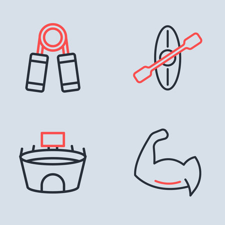 Set line Kayak and paddle Stadium Bodybuilder showing his muscles and Sport expander icon. Vector.のイラスト素材