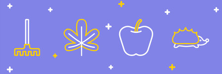 Set line Hedgehog Apple Chestnut leaf and Garden rake icon. Vector.のイラスト素材