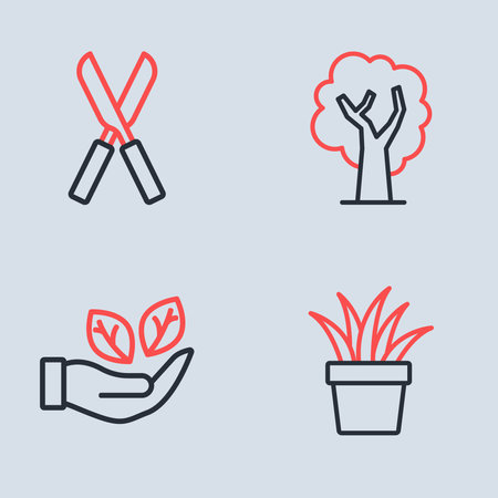 Set line Tree Leaf in hand Plant pot and Gardening scissors icon. Vector.のイラスト素材
